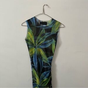 Louisa Ballou Sleeveless Midi Dress in Blue and Green Leaf Print